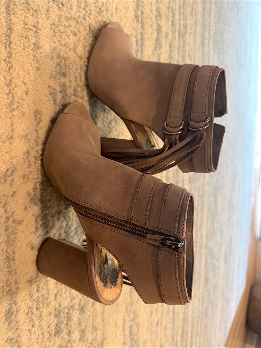 Vince Camuto Taupe Peep-Toe Block Heel Ankle Booties